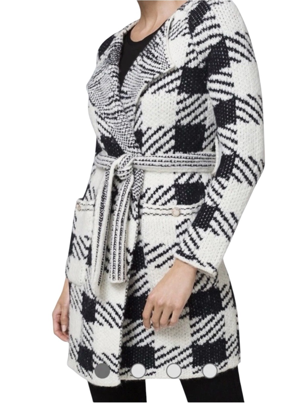 White House Black Market Plaid Sweater Coat S NWT Belted Black Ecru Cardigan